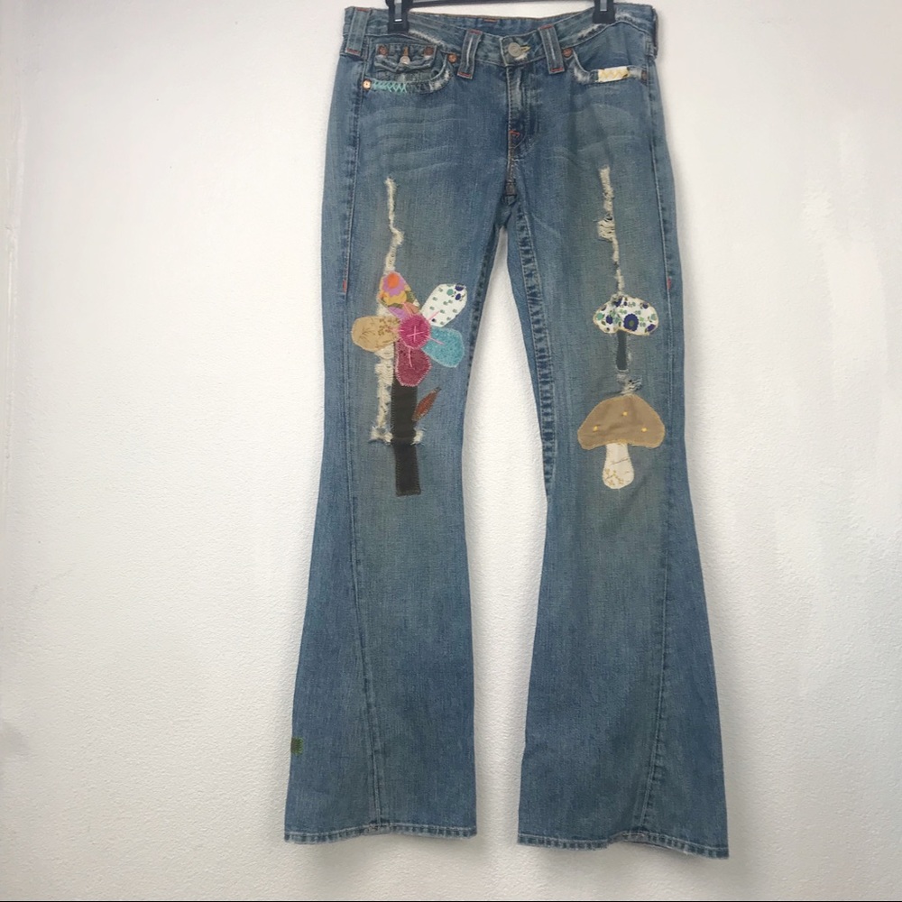 True Religion Blue Flare Jeans with Colorful Patches